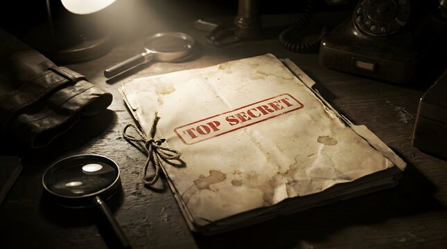 Top secret classified document folder on moody detective investigation desk with document classified investigation detective