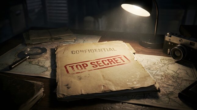 Top secret classified papers on detective table with magnifying glass document classified investigation detective magnifying