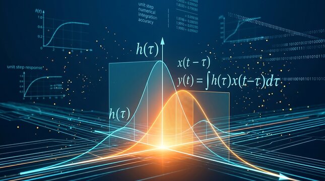 Mathematical function curves illustrate complex signal processing and wave dynamics through a detailed projection of calculus equations and logarithmic charts on a dark virtual background.