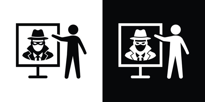 Presentation board showing a cyber security training or hacker threat icon. Speaker pointing to a masked spy graphic in a black and white vector.