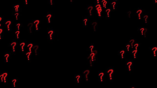 Red Question Marks Popping Up at Random Positions and Floating Upward on Black Background &ndash; Animated Symbol Motion Graphic with Alpha Channel Seamless Loop

