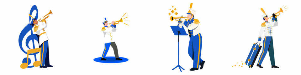 Collection of flat vector illustrations featuring a trumpet player in a marching band uniform performing in various scenarios and poses. © Selfi