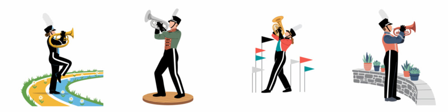 Collection of Four Marching Band Musicians Playing Brass Instruments in Diverse Uniforms and Settings, Minimalist Flat Vector Illustrations