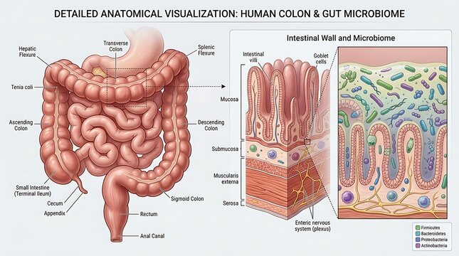 Detailed anatomical visualization of human colon microbiome.