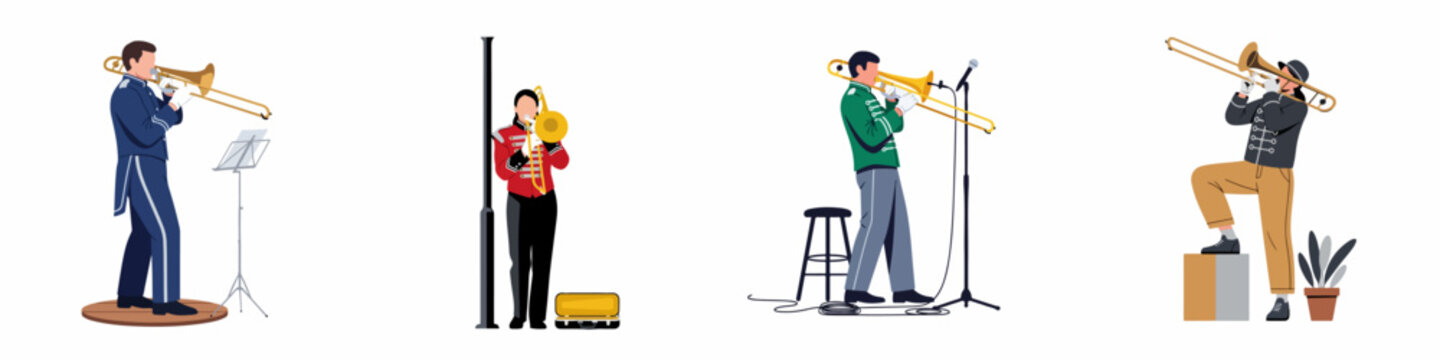 Diverse collection of flat vector illustrations featuring musicians playing the trombone in various uniforms and settings, perfect for music and band themes.