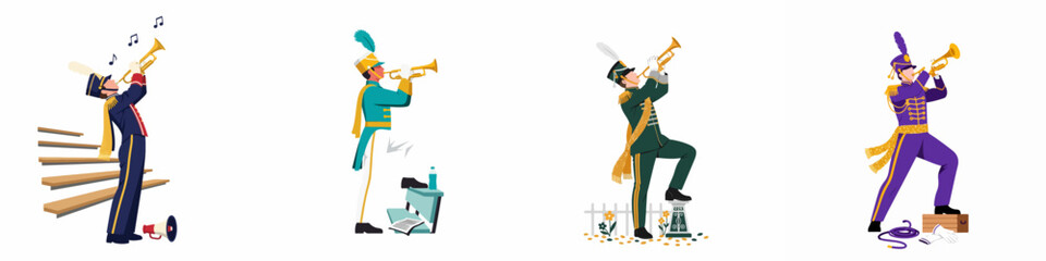 Set of four stylized vector illustrations of marching band trumpet players in colorful ceremonial uniforms performing on a white background. © Selfi