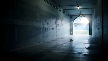 Fototapeta premium Empty stadium tunnel opening into bright daylight – Perfect for player entrance concepts, sporting opportunities, or match day hype.