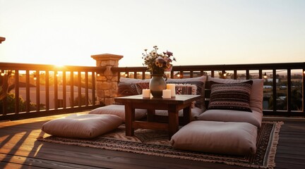 Obraz premium Boho deck at sunset with low seating cushions, candle lights, and flower vase. String lights glow on railing. Peaceful outdoor lounge with rug.