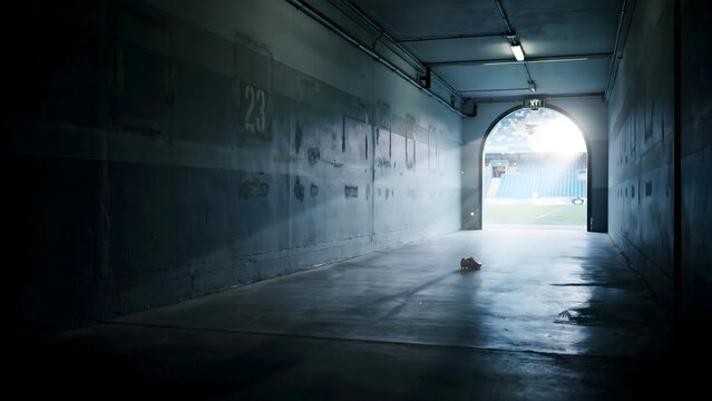 Empty stadium tunnel opening into bright daylight &ndash; Perfect for player entrance concepts, sporting opportunities, or match day hype.