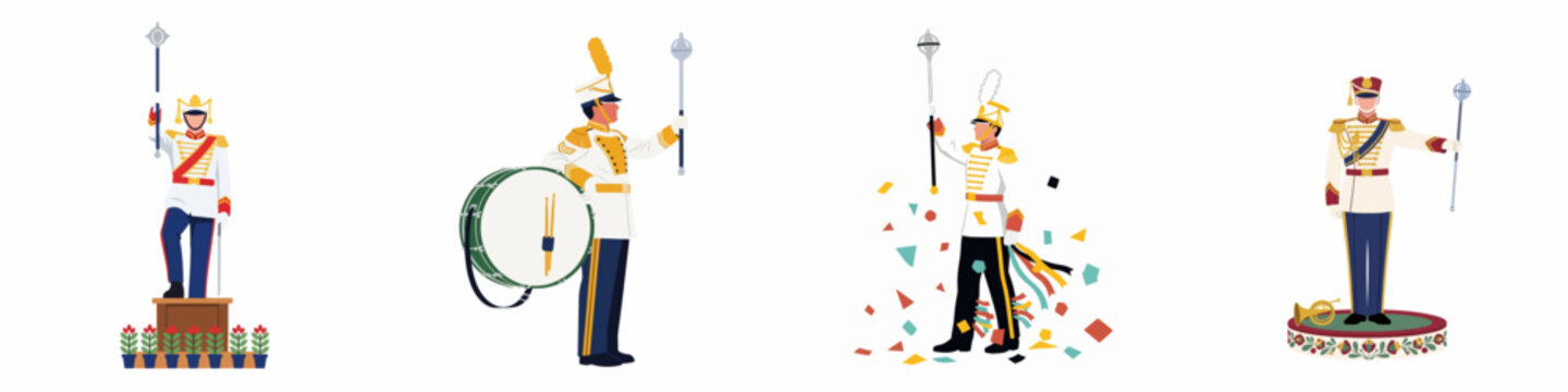 Set of four drum major illustrations in ceremonial white uniforms, featuring a bass drum, confetti, and podiums for festive marching band themes.