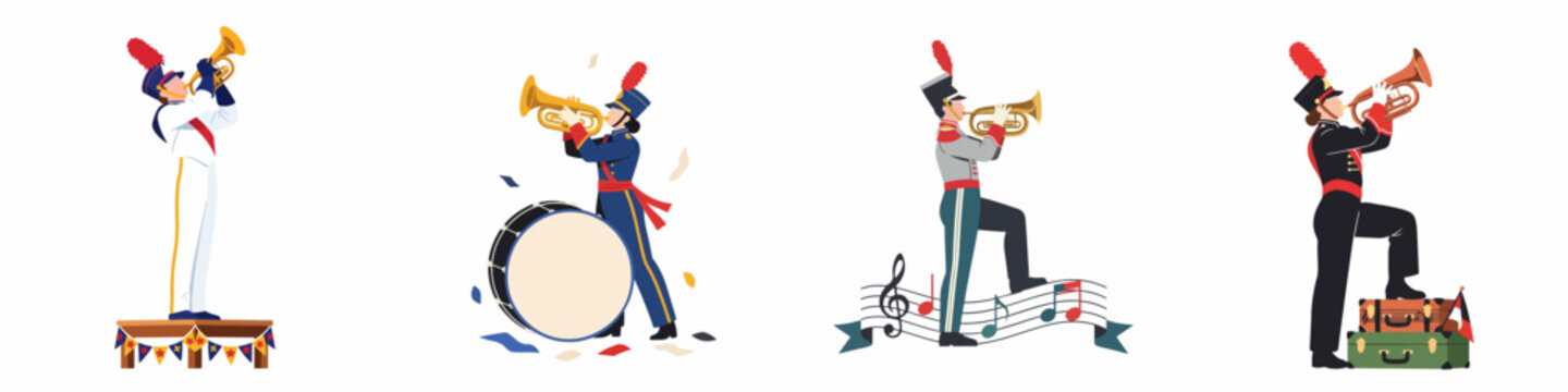 Set of marching band musicians in diverse uniforms playing brass instruments, featuring elements like drums, musical notes, and suitcases on white background.
