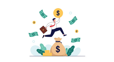 Fototapeta premium Joyful businessman jumping over a large bag of money and gold coins while surrounded by flying dollar bills to celebrate wealth.