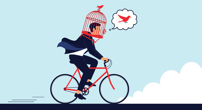Man riding a bicycle with a birdcage over his head containing a bird to represent feeling trapped or mentally confined in business.