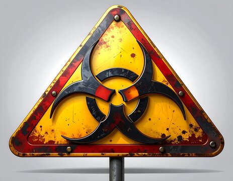 A worn yellow triangular warning sign with a black biohazard symbol