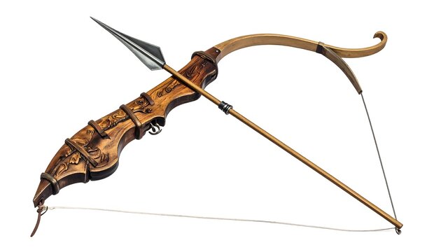 A wooden crossbow with intricate carvings and a metal trigger, loaded with a bolt