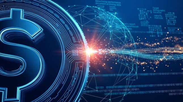Dollar sign symbol emerges from a complex web of digital infrastructure and flowing data streams to represent the dynamic evolution of global financial markets within a modern technological context.