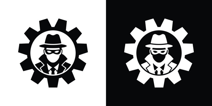 Spy hacker icon inside a cogwheel gear vector. Concept of cyber security management, automated hacking threat, and system vulnerability.
