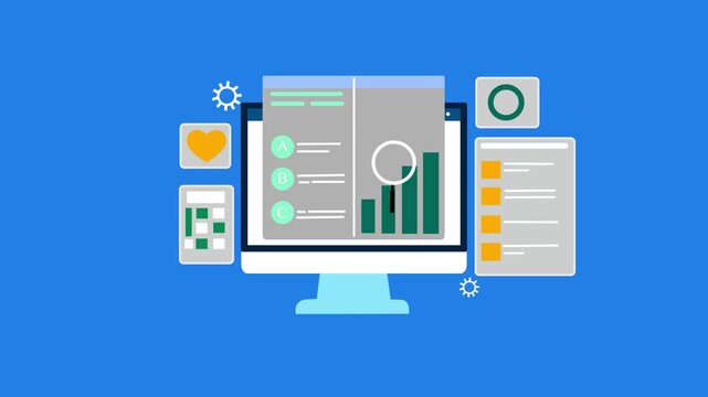 Flat-style animation of a desktop monitor surrounded by mobile and tablet UI mockups