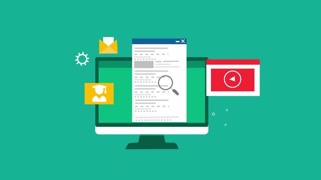 Flat-style animation of a desktop monitor displaying a document with a magnifying glass overlay