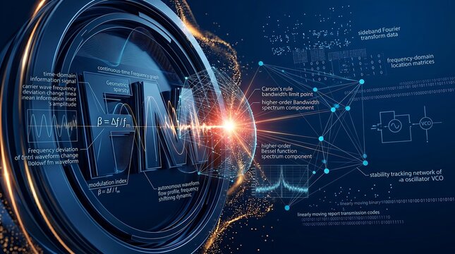 FM radio frequency modulation symbol floats inside a high-tech holographic enclosure surrounded by complex scientific notations and digital signal waveforms for advanced telecommunications.