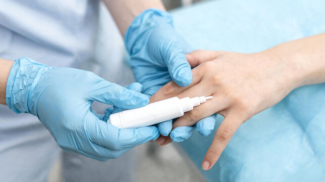 Gloved healthcare worker performing finger prick blood test, diabetes screening, glucose monitoring, clinical diagnostics and patient care, point of care testing