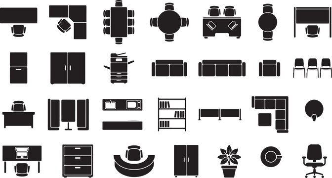 Collection of modern office furniture and room layouts in black and white top view