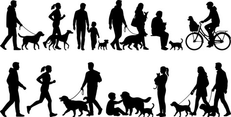 Silhouettes of people walking dogs and a cat in a park