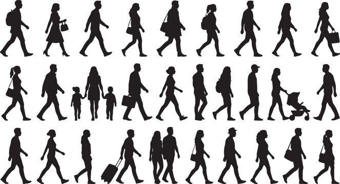 Diverse group of people walking in silhouette against a white background.