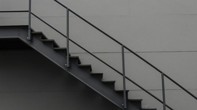 Metal outdoor staircase with railings ascends against textured concrete wall. Simple industrial design provides access between levels. Functional modern architecture detail.