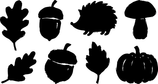 Black silhouette set of autumn objects and animals isolated on white background