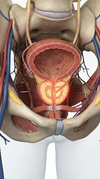 Urogenital system insight: human prostate, anatomical detail, normal morphology, develop inflammation, clinical visualization, male pelvic, structure change, zonal pathology, disease process.