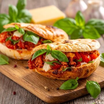 A wooden cutting board holds two sandwiches with meat and basil