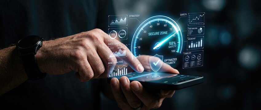 Detailed view of an individual interacting with a mobile device showcasing advanced digital security features and data analysis visuals in a modern high tech setting