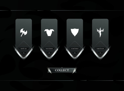 Dark fantasy RPG reward screen UI kit featuring loot collection cards and achievement progress.