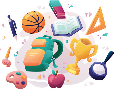 School education supplies vector illustration, backpack, books, trophy, basketball, apple and learning tools, modern gradient flat design for academic achievement concept