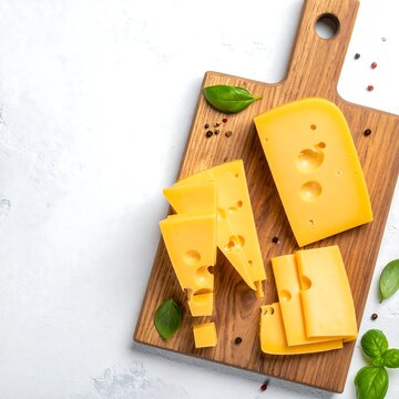 A wooden cutting board with sliced cheese and herbs on a white surface