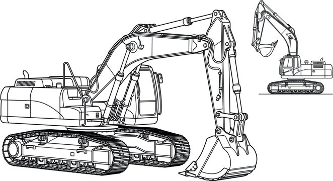 Heavy Construction Excavator Line Art Vector Illustration Set Featuring Hydraulic Digger Machinery for Coloring Books Building Industry and Engineering Corporate Logos