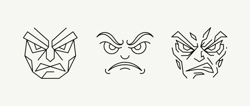 Three distinctive angry face expressions in simple black and white line art style