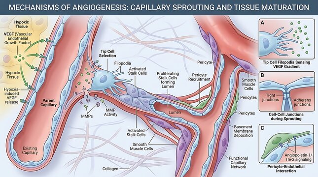 Mechanisms of angiogenesis capillary sprouting and tissue modulation.