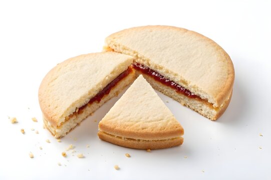 Top View of Sandwich Biscuits Split Open to Reveal Cream Filling Centered and Isolated on Pure White Background with Detailed Texture