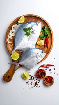 A wooden cutting board with two whole fish, lime wedges, herbs, and spices