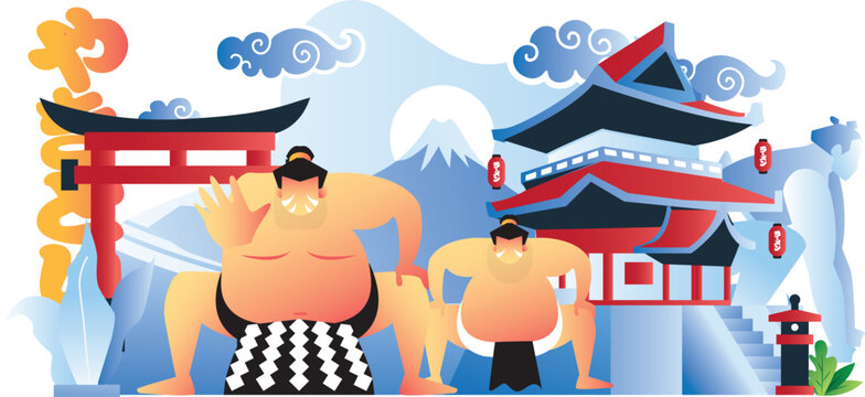 Japan travel and cultural heritage vector illustration with sumo wrestlers, traditional temple, torii gate, mount Fuji landscape and tourism attraction concept