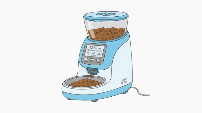 Automatic Pet Feeder Dispenser: A modern, light blue and white automatic pet feeder dispenses dry kibble into a bowl, showcasing its programmable timer and digital display.
