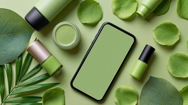 Produits cosm&eacute;tiques verts dispos&eacute;s autour d'un &eacute;cran vide sur fond vert