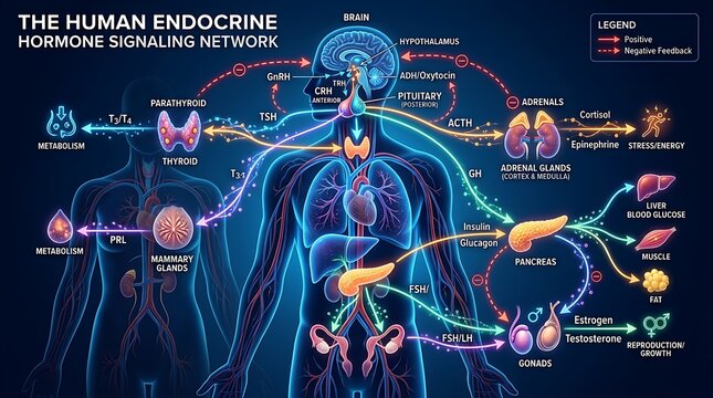 Human endocrine system hormone signaling network diagram.