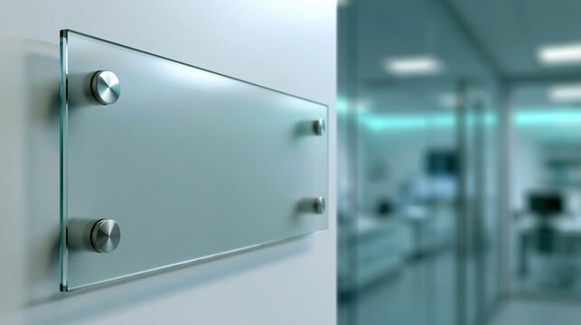 Plaque de signal&eacute;tique en verre d&eacute;poli fix&eacute;e sur un mur de bureau moderne