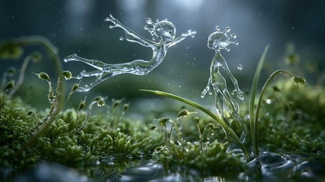 Deux cr&eacute;atures translucides form&eacute;es d'eau dansent sur de la mousse verte