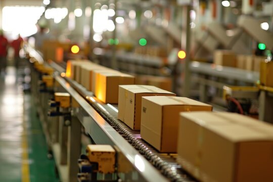 Cardboard boxes are sorting and transporting on conveyor belts in a distribution center
