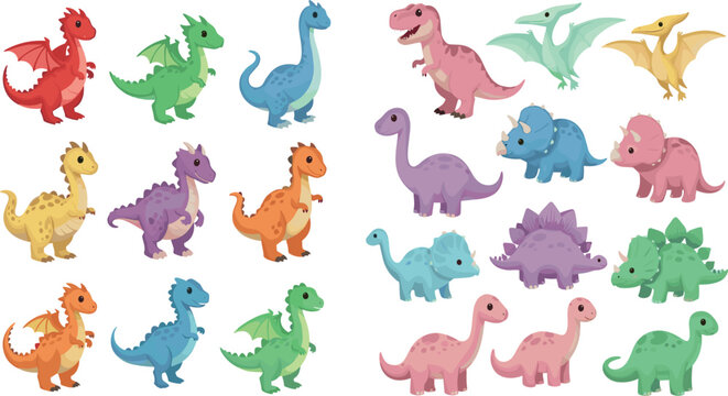 Cute Colorful Dinosaur Collection Set with Cartoon T Rex Triceratops Stegosaurus Pterodactyl and Brontosaurus Vector Illustration for Kids