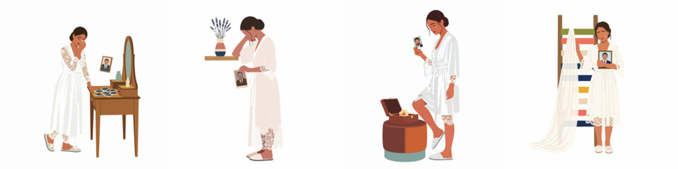 Fototapeta premium Set of illustrations showing a grieving woman in a white robe crying and holding photos of a deceased loved one.